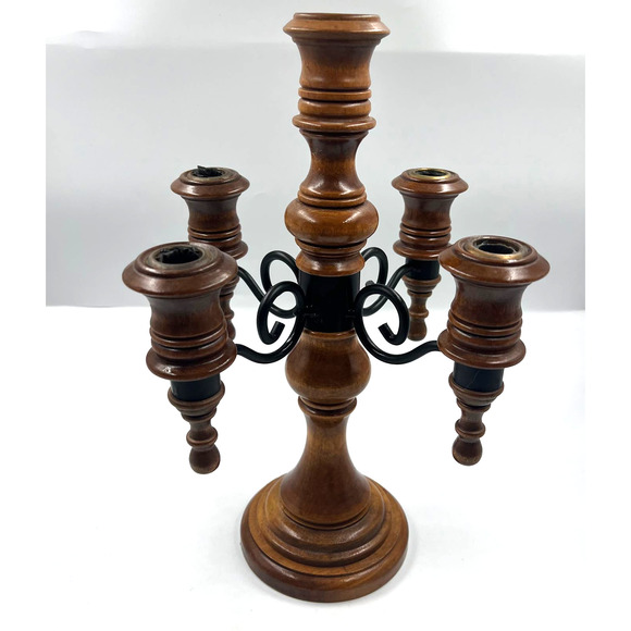 Vintage Candelabra Wooden Curved Metal 4 Arms Stick Candle Holder Decor - Picture 10 of 11